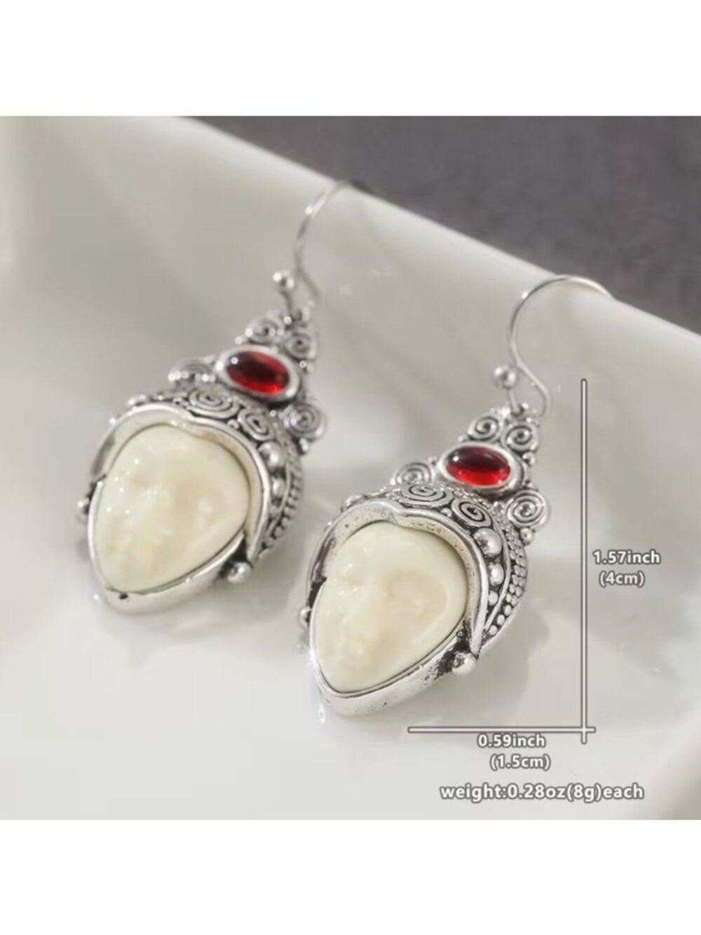 White Enamel Silver Tone Elegant Face Earrings with Red Glass Stone - Picture 2 of 2